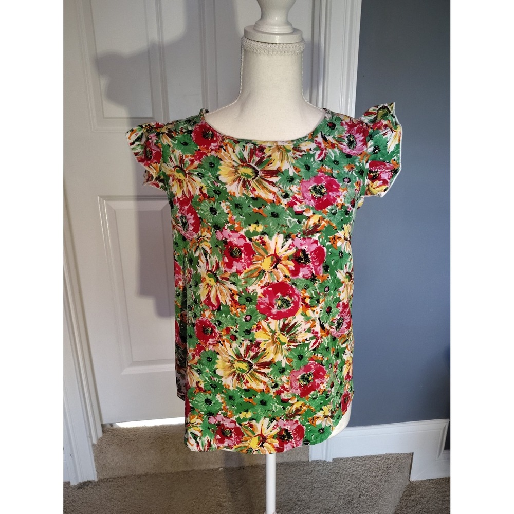 Floral‎ Ruffle Sleeve Open Back Tie Blouse Green Red Yellow Pink Top